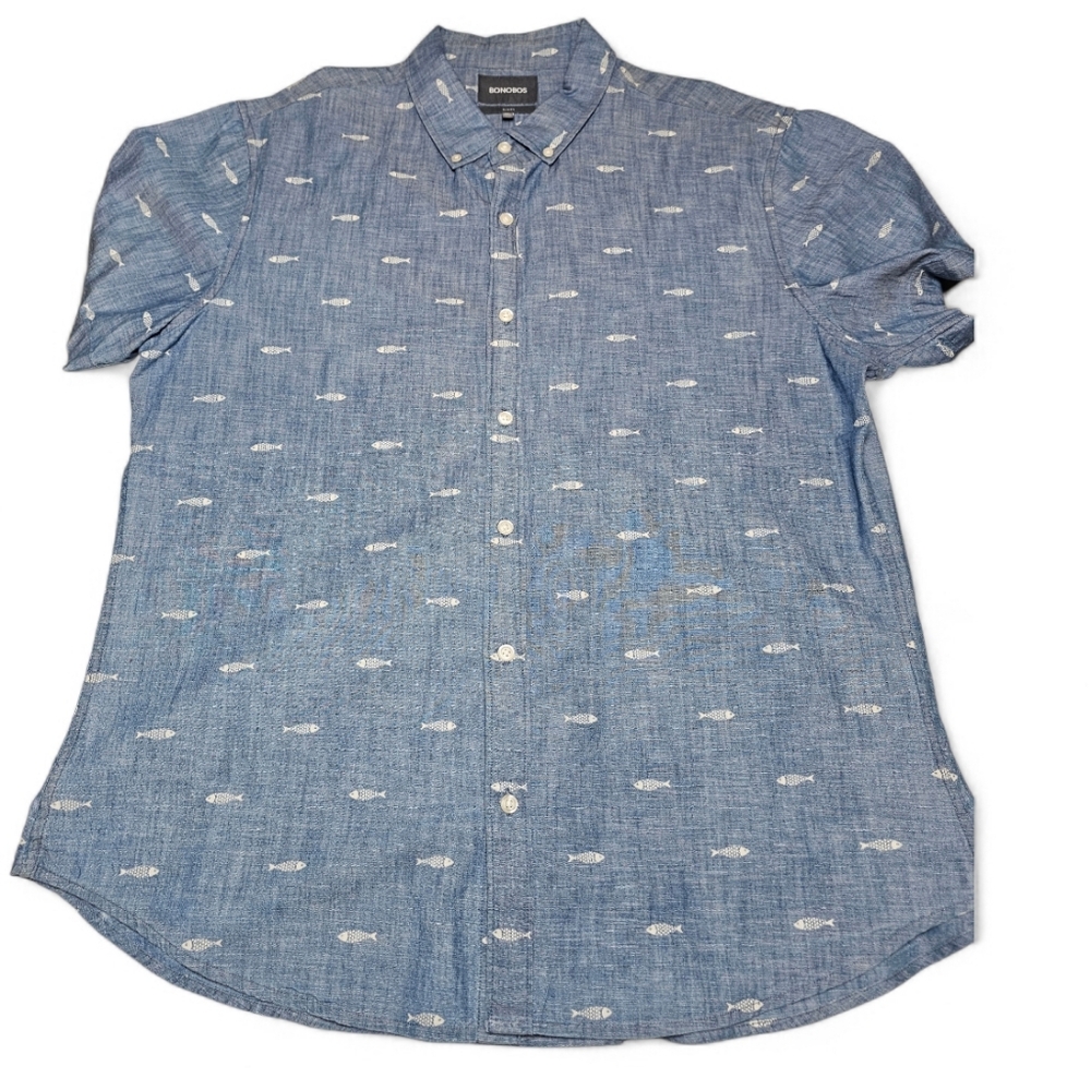 Bonobos - Riviera Slim Fit Print Sport Shirt In Chambray Sardeen -XL - Picture 2 of 12
